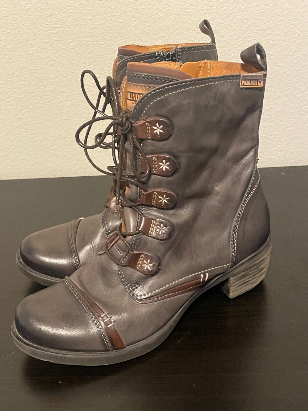 Pikolinos Boots Womens 8.5 Gray Leather Lace Up Floral Combat Zip Block Heel